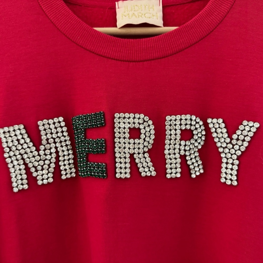 Judith March MERRY Rhinestone Sweatshirt Large Red Green Holiday Festive Fun - Picture 9 of 11